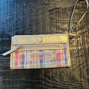 Cache Gold and Multicolor Plaid Wristlet